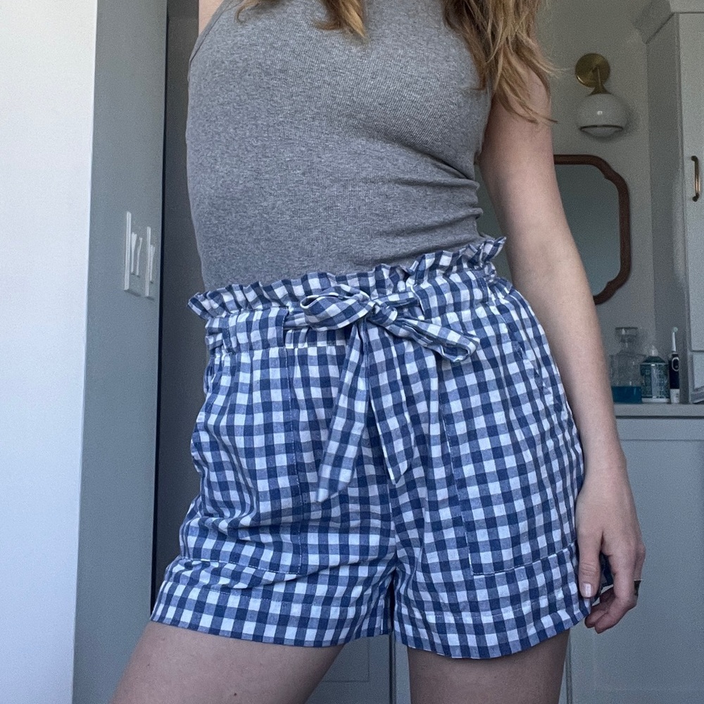 Blue gingham high waisted shorts